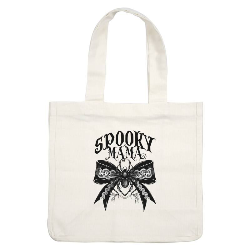 This spooky design features a decorative bow with a detailed spider and the words "Spooky Mama" in bold lettering.