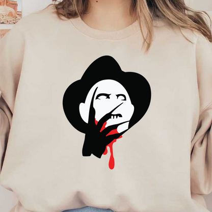 A striking graphic of a sinister figure with a hat, featuring a pale face and dripping red accents, evoking horror themes. dtf prints