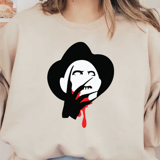 A striking graphic of a sinister figure with a hat, featuring a pale face and dripping red accents, evoking horror themes. dtf prints