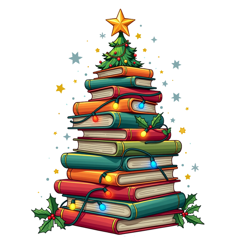 A festive stack of colorful books arranged like a Christmas tree, adorned with twinkling lights and a star top.DTF Transfers