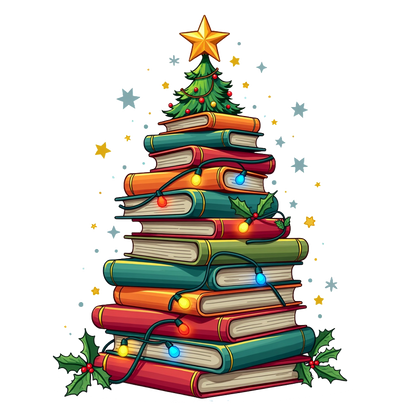 A festive stack of colorful books arranged like a Christmas tree, adorned with twinkling lights and a star top.DTF Transfers