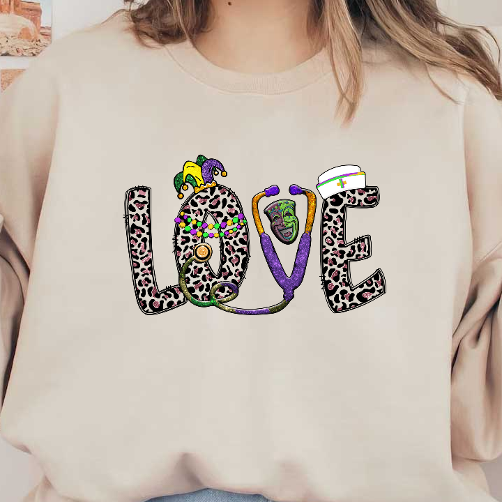 A cheerful and vibrant design featuring the word "LOVE" adorned with Mardi Gras decorations, a playful mask, and a stethoscope.DTF Transfers