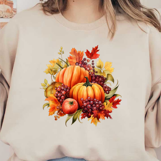 A vibrant autumn arrangement featuring plump pumpkins, grapes, and colorful fall leaves, perfect for seasonal decor. dtf prints