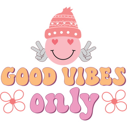 Gráfico alegre que presenta un personaje sonriente con un sombrero rosa con la frase "GOOD VIBES ONLY" (SOLO BUENAS VIBRAS) en letras vibrantes y divertidas.