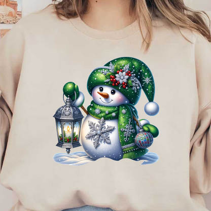 A cheerful snowman in a green hat and scarf holds a lantern and a colorful ornament, spreading festive joy.DTF Transfers dtf prints