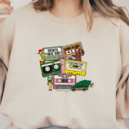 Celebrate the holidays with this colorful design featuring iconic Christmas movie characters and classic cassette tapes!DTF Transfers heat press transfers heat press transfers