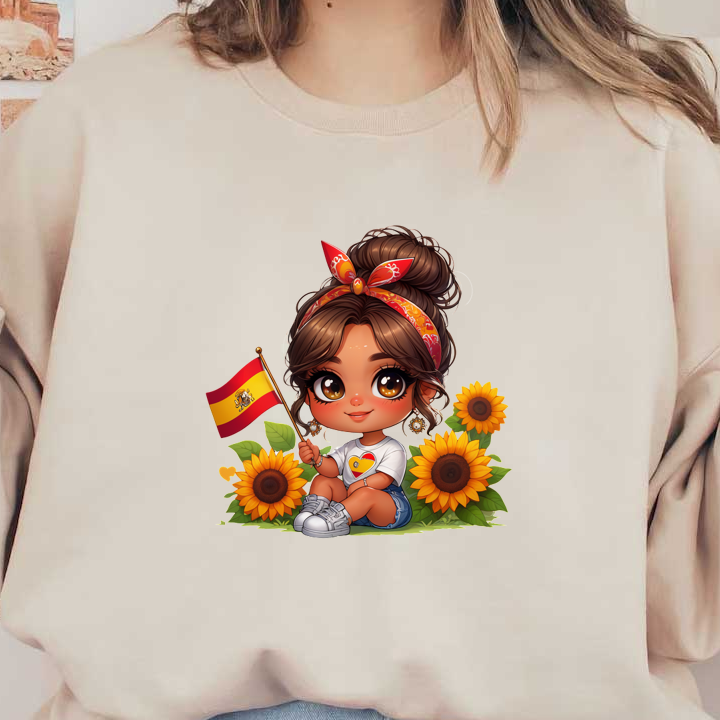 A cheerful girl with a Spanish flag poses among vibrant sunflowers, wearing a cute outfit and a colorful headband.DTF Transfers dtf prints