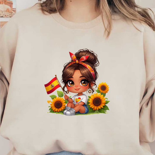 A cheerful girl with a Spanish flag poses among vibrant sunflowers, wearing a cute outfit and a colorful headband.DTF Transfers dtf prints