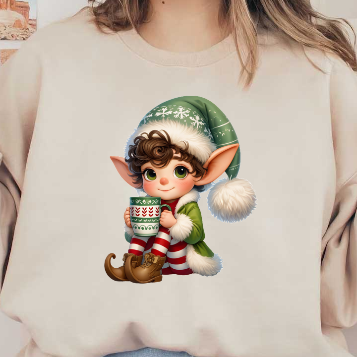 A cheerful young elf wearing a festive green hat holds a decorative mug, dressed in red and white striped pajamas.DTF Transfers dtf transfers