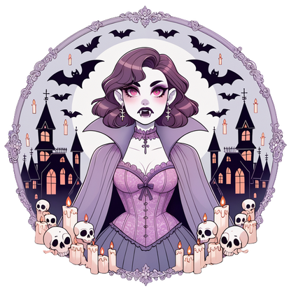 Una cautivadora ilustración de un vampiro con un vestido morado, rodeado de velas, calaveras y un fondo de mansión espeluznante.