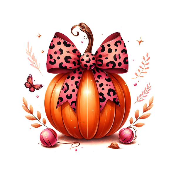 A stylish orange pumpkin adorned with a playful leopard print bow, surrounded by colorful ornaments and whimsical elements. dtf transfers