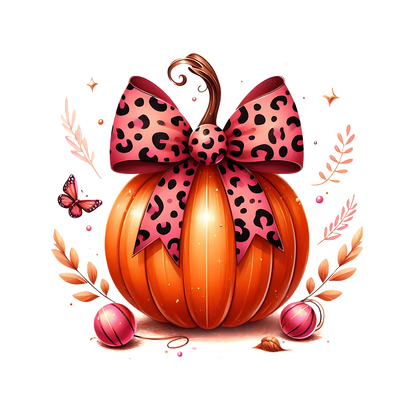 A stylish orange pumpkin adorned with a playful leopard print bow, surrounded by colorful ornaments and whimsical elements. dtf transfers