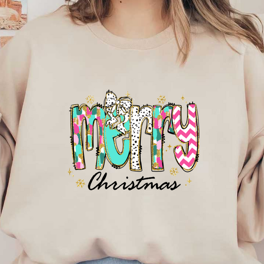 Bright and cheerful "merry" design featuring colorful patterns, glitter accents, and a cute bow, perfect for festive decorations!DTF Transfers