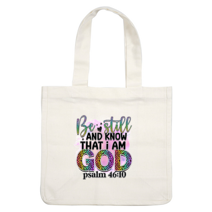A vibrant design featuring the inspirational quote "Be still and know that I am God" from Psalm 46:10, enhanced with colorful, leopard-print letters.DTF Transfers
