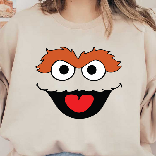 A playful, cartoonish face featuring bold black outlines, vibrant orange hair, large expressive eyes, and a bright red heart shape for a mouth.DTF Transfers heat press transfers