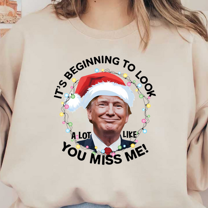 A festive graphic featuring a figure wearing a Santa hat, surrounded by colorful Christmas lights and playful holiday text.DTF Transfers dtf prints