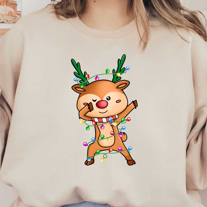 A cheerful cartoon reindeer wrapped in colorful Christmas lights, wearing a festive scarf and playfully posing with a wink. dtf prints