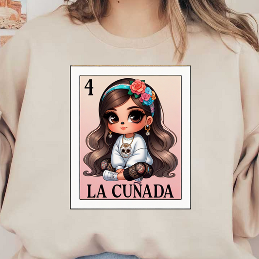 Un simpático personaje de dibujos animados con cabello largo y ondulado, que lleva una diadema floral y un atuendo elegante, titulado "La Cuñada".