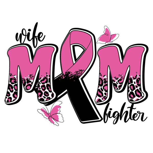 A vibrant design featuring the letters "MM" in pink, accented with leopard print and a black ribbon, surrounded by butterflies. dtf transfers