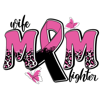 A vibrant design featuring the letters "MM" in pink, accented with leopard print and a black ribbon, surrounded by butterflies. dtf transfers