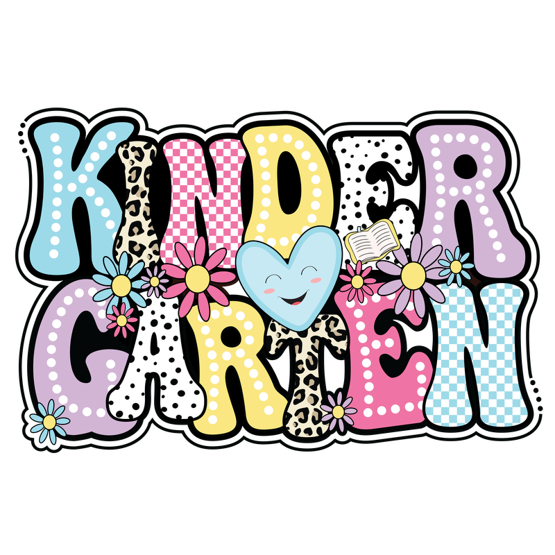 A colorful and playful "KINDERGARTEN" design featuring cheerful typography, flowers, and a smiling heart, perfect for children's education!DTF Transfers
