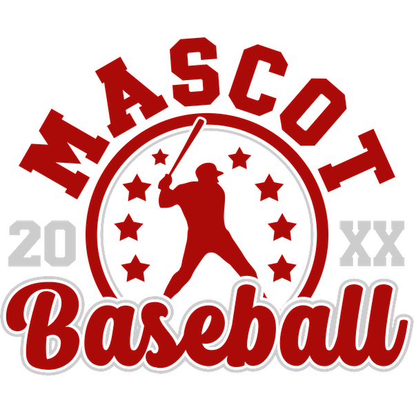 Un logotipo vibrante con temática de béisbol que incluye la palabra "Mascota", un jugador balanceando un bate y detalles de estrellas, perfecto para un evento deportivo. Transferencias DTF