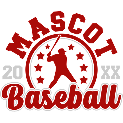 Un logotipo vibrante con temática de béisbol que incluye la palabra "Mascota", un jugador balanceando un bate y detalles de estrellas, perfecto para un evento deportivo. Transferencias DTF