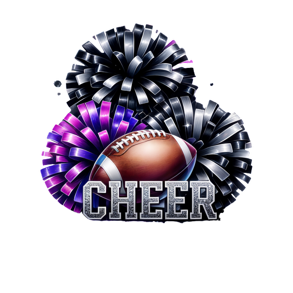 A vibrant graphic featuring a football and colorful cheerleader pom-poms, capturing the spirit of cheerleading and sports excitement.DTF Transfersdtf regular iron