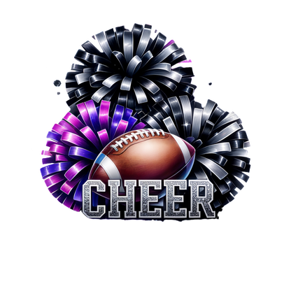 A vibrant graphic featuring a football and colorful cheerleader pom-poms, capturing the spirit of cheerleading and sports excitement.DTF Transfersdtf regular iron