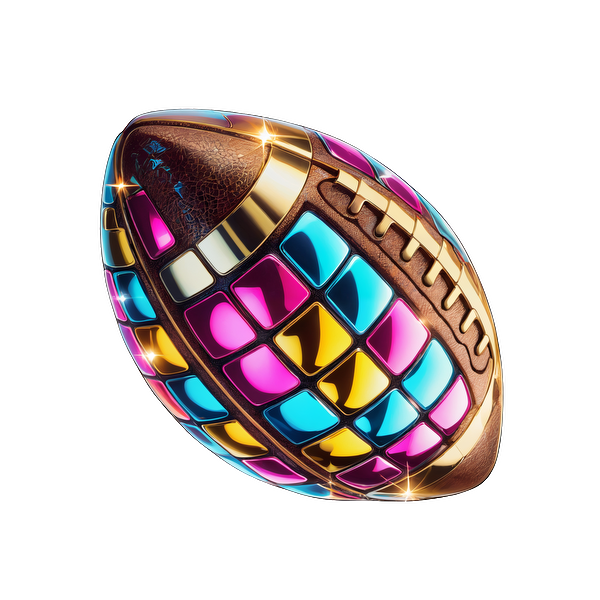 This colorful, stylized football features vibrant, shiny mosaic patterns with gold accents for a unique and playful design.