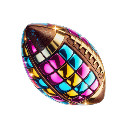 This colorful, stylized football features vibrant, shiny mosaic patterns with gold accents for a unique and playful design.