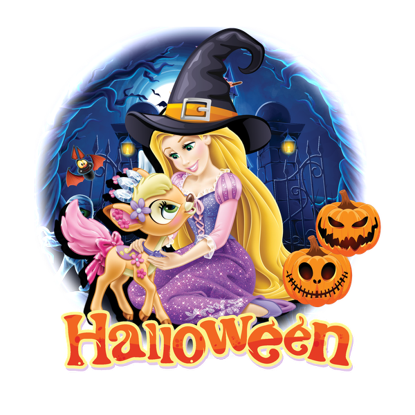 A whimsical Halloween scene featuring a young witch in a purple dress with her magical pet surrounded by pumpkins and spooky decorations.dtf regular iron