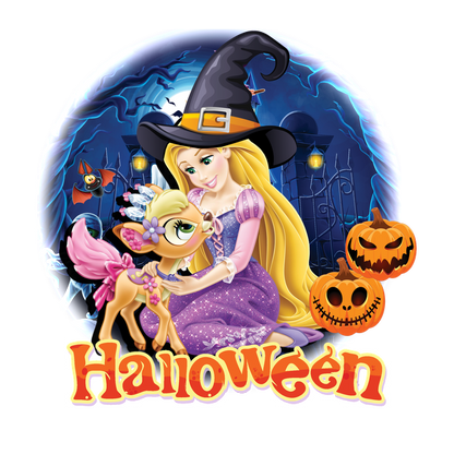 A whimsical Halloween scene featuring a young witch in a purple dress with her magical pet surrounded by pumpkins and spooky decorations.dtf regular iron