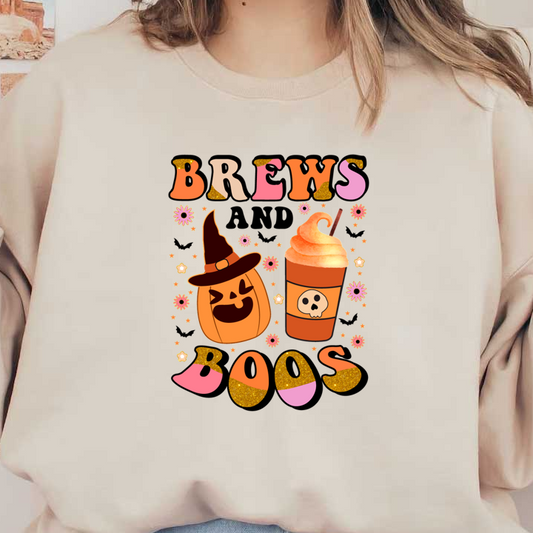 Celebrate Halloween with this playful design featuring a cheerful pumpkin and a spooky drink, captioned "Brews & Boos!" heat press transfers