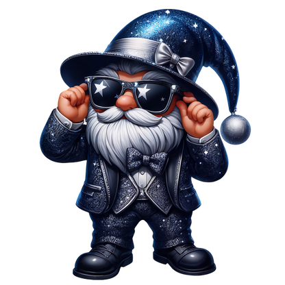 This whimsical gnome features a sparkly silver suit and a starry hat, complete with sunglasses for a stylish touch.