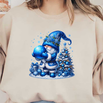 A whimsical blue-themed gnome in a festive hat holds a sparkling ornament, surrounded by a decorated Christmas tree and gifts.DTF Transfers dtf transfers