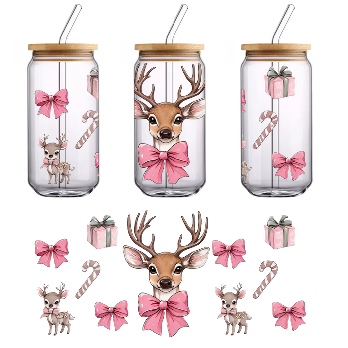 A charming illustration featuring festive deer, pink bows, candy canes, and wrapped gifts, perfect for holiday cheer.UV Transfersdtf regular iron