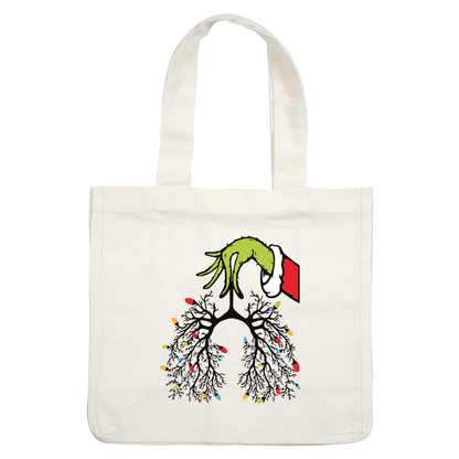 A whimsical illustration featuring the Grinch's hand adorned with a Santa hat, playfully hanging Christmas lights from tree-like branches.DTF Transfers dtf prints