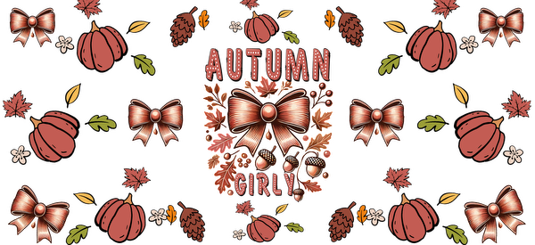 A charming autumn-themed design featuring pumpkins, bows, and leaves, all beautifully arranged with warm, seasonal colors.UV Transfers heat press transfers