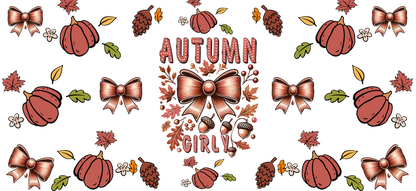 A charming autumn-themed design featuring pumpkins, bows, and leaves, all beautifully arranged with warm, seasonal colors.UV Transfers heat press transfers