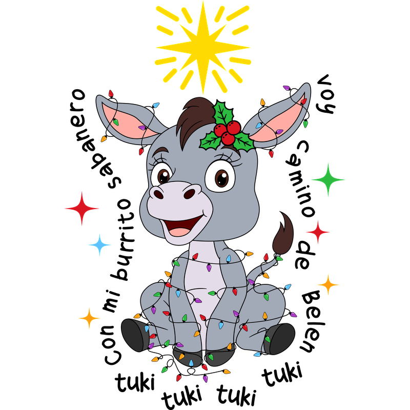 A cheerful cartoon donkey adorned with festive lights and a holly leaf, radiating holiday joy under a bright star.DTF Transfers dtf prints