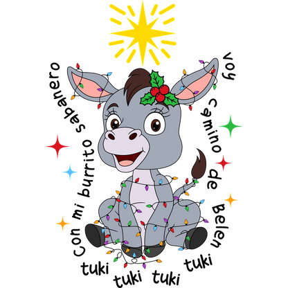 A cheerful cartoon donkey adorned with festive lights and a holly leaf, radiating holiday joy under a bright star.DTF Transfers dtf prints