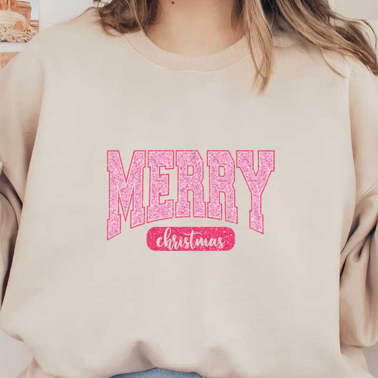 Sparkling pink text that reads "MERRY Christmas," perfect for festive holiday greetings and decorations.