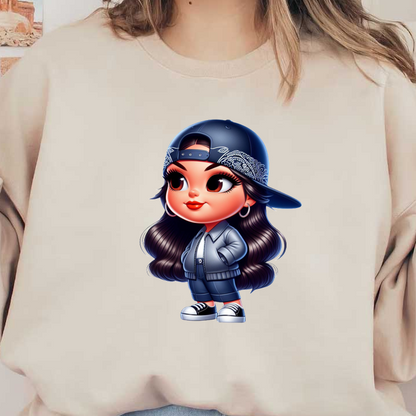 A cute cartoon girl with long wavy hair, wearing a stylish oversized jacket, hat, and casual pants. heat press transfers