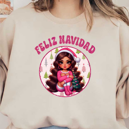 A festive illustration featuring a stylish girl in pink pajamas and Santa hat, surrounded by Christmas trees, captioned "Feliz Navidad." dtf prints