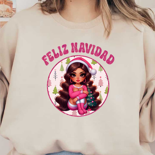 A festive illustration featuring a stylish girl in pink pajamas and Santa hat, surrounded by Christmas trees, captioned "Feliz Navidad." dtf prints