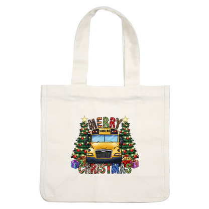 Celebrate the holiday spirit with this cheerful illustration featuring a bright yellow school bus, decorated Christmas trees, and vibrant gifts!DTF Transfers heat press transfers dtf prints