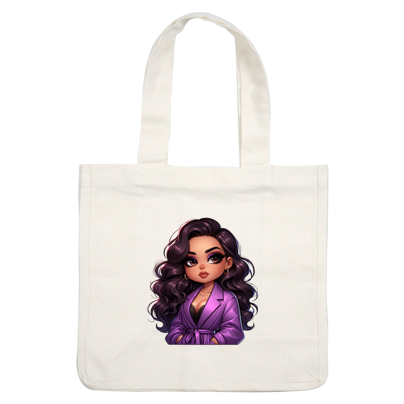 A stylish cartoon character showcasing long, wavy hair and bold makeup, wearing a chic lavender robe. dtf transfers