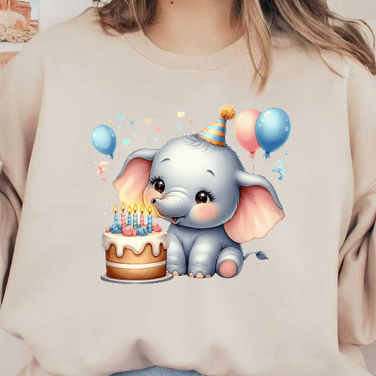 Celebrate with this adorable cartoon elephant, wearing a festive hat next to a birthday cake with colorful candles and balloons!DTF Transfers