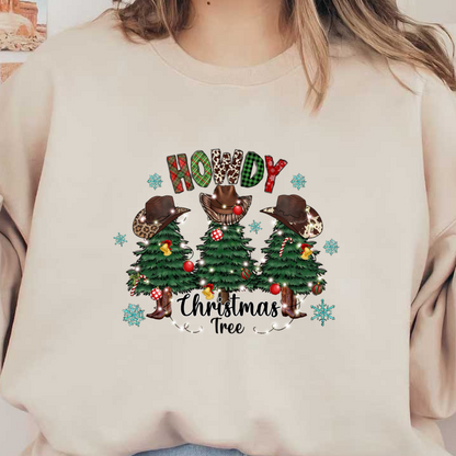 Festive holiday design featuring three decorated Christmas trees wearing cowboy hats, surrounded by snowflakes and cheerful "Howdy Christmas" text.DTF Transfersdtf regular iron dtf prints